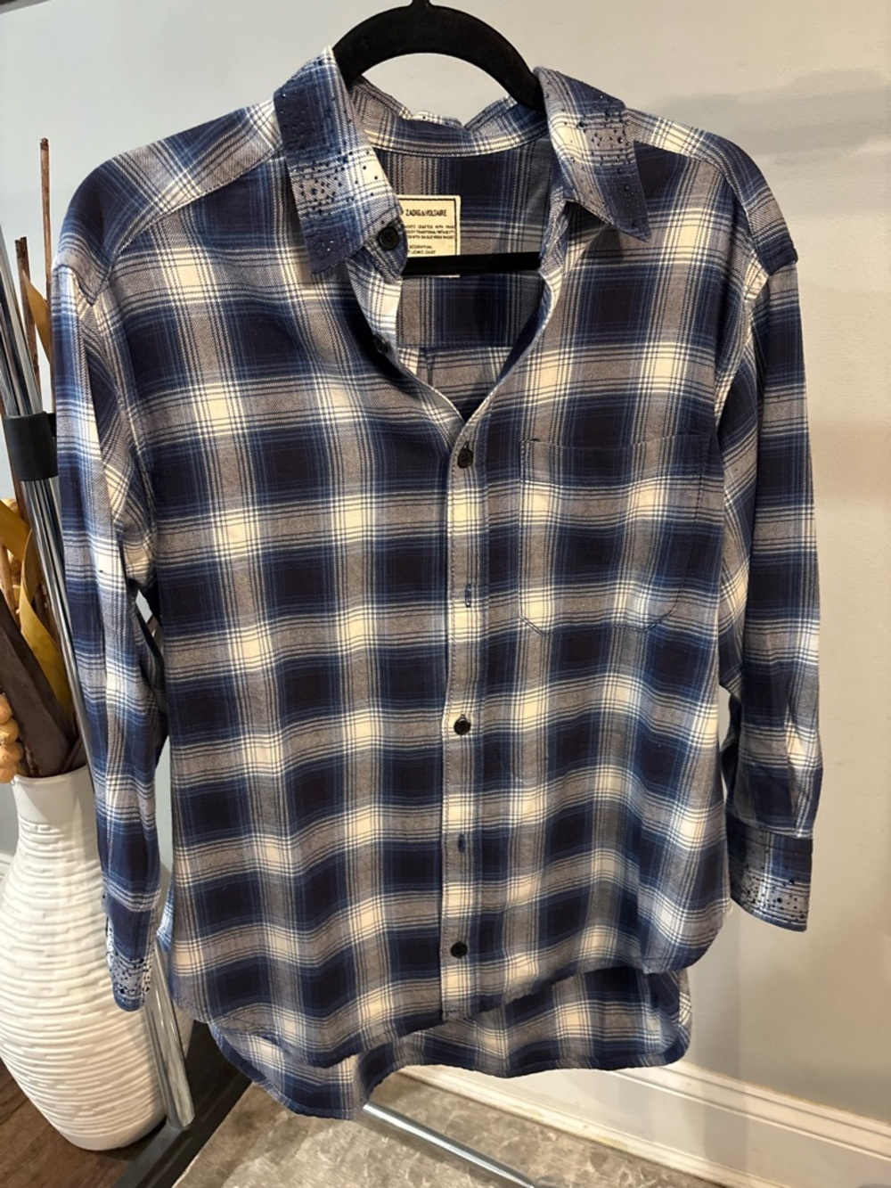 Zadig & Voltaire Blue and White Plaid Button-Down Shirt with rhinestones size M